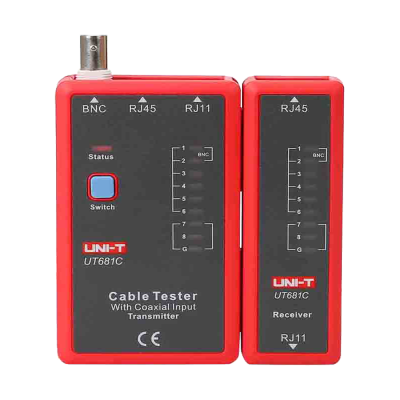 Testador de cabos vermelho e preto com conectores BNC, RJ45 e RJ11 e indicadores LED