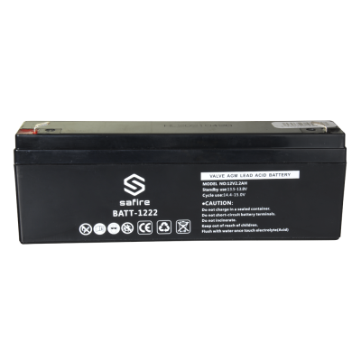 Bateria selada Safire BATT-1222 chumbo-ácido AGM preta com etiquetas de aviso e especificações