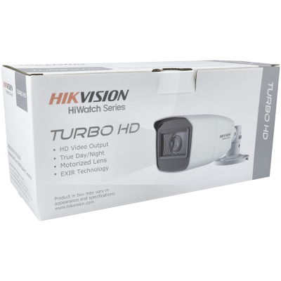 Embalagem branca da câmara Hikvision HiWatch Series Turbo HD com imagem e descrição do produto.