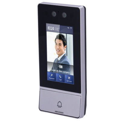 Dispositivo de controlo de acesso digital cinza com ecrã a cores e símbolo de campainha