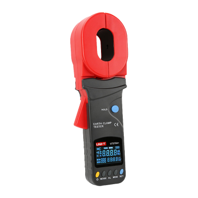 Dispositivo teste de aterramento digital preto e vermelho com visor azul