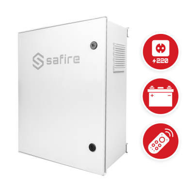 Gabinete branco de metal Safire com ícones de 220V, bateria e comando à distância