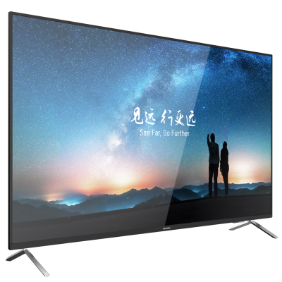 Televisor ecrã plano com imagem céu estrelado e texto See Far Go Further