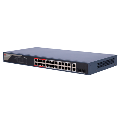 Switch de rede Hikvision 24 portas PoE cinzento e preto com portas RJ45