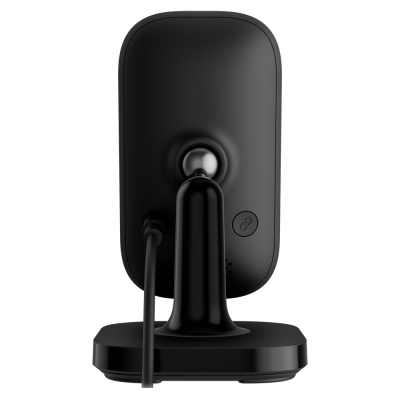 Câmara de segurança preta vista de trás com suporte e cabo conectado