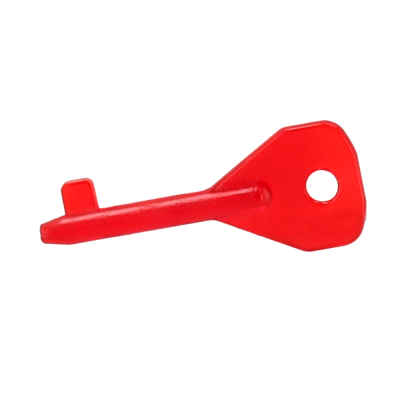 Chave metálica vermelha com cabeça hexagonal e ressalto na haste.