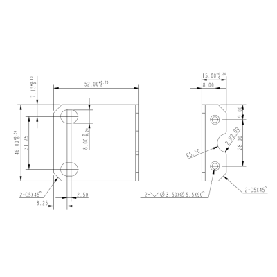 Desenho técnico detalhado em preto e branco de uma peça mecânica com dimensões e indicações técnicas.