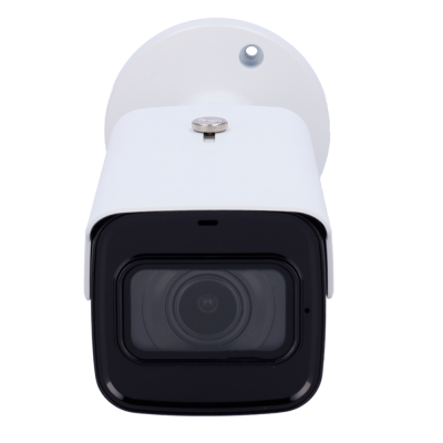 Câmara de segurança branca com lente preta protegida e base redonda branca