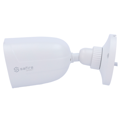 Câmara de vigilância branca cilíndrica com texto safire SMART