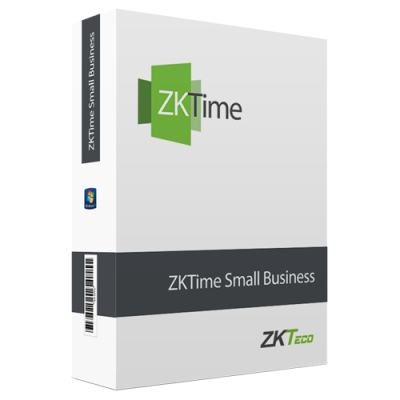 Caixa de software ZKTime Small Business com design branco, verde e cinzento