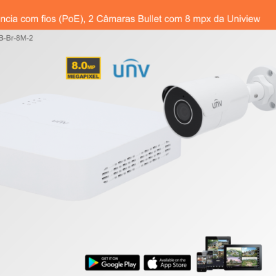 Sistema de videovigilância com câmaras bullet brancas e gravador branco da Uniview com texto informativo