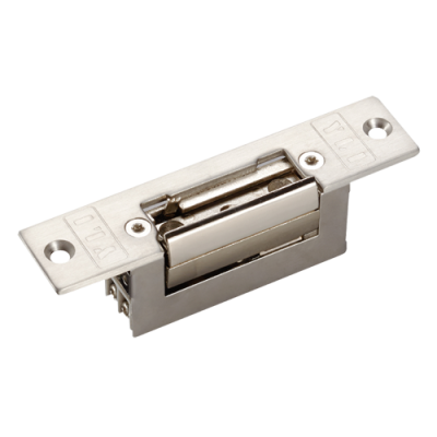 Fecho elétrico metálico prateado com parafusos e inscrições