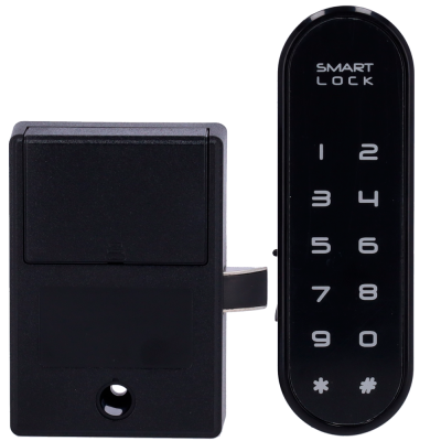 Fechadura eletrónica preta com teclado numérico e texto SMART LOCK