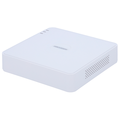 Gravador digital quadrado branco com logótipo Hikvision e ventilações laterais