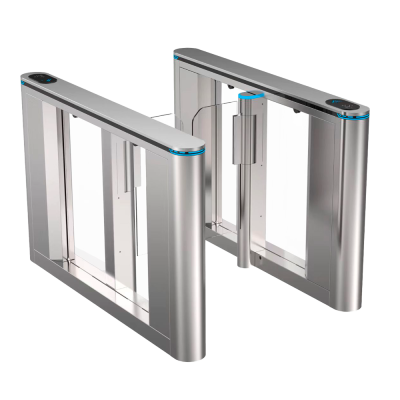 Duas cancelas de acesso modernas em metal com painéis transparentes e iluminação azul