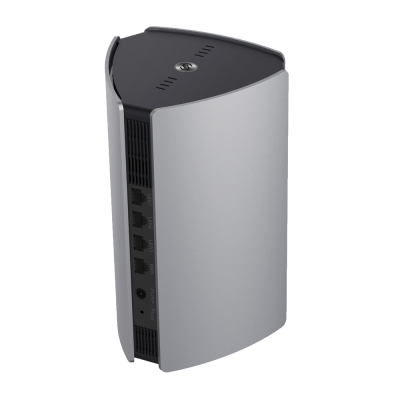 roteador prateado e preto com portas na lateral