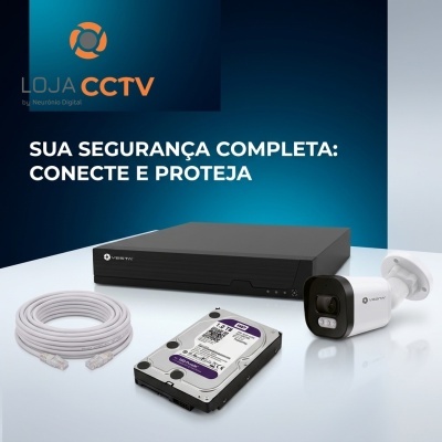 Kit de vigilância com câmara Vesta, cabo de rede, disco rígido 1TB WD e gravador digital em fundo azul