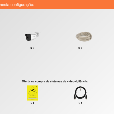 Componentes do sistema de videovigilância com gravador, câmaras, cabos, dispositivos e avisos de segurança.