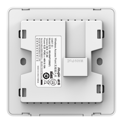 Ponto de acesso wireless branco quadrado com etiquetas e texto técnico