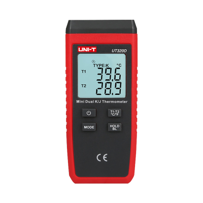Termómetro digital UNI-T UT320D com ecrã LCD e corpo preto e vermelho.