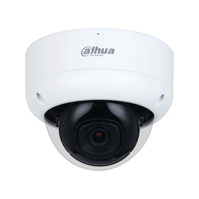 Câmara de vigilância dome branca com lente preta e logo Dahua Technology