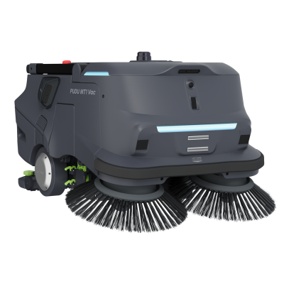 Aspirador de chão robotizado cinza escuro com duas escovas cilíndricas e texto PUDU MT1 Vac
