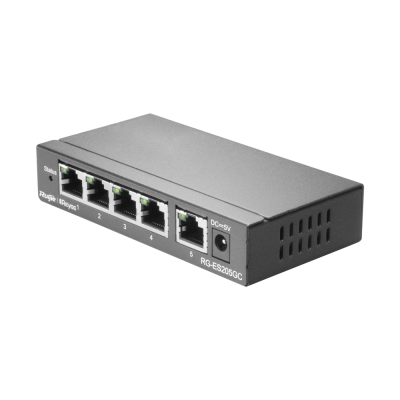 Comutador Ethernet metálico cinza com 5 portas e rótulo RG-ES205GC