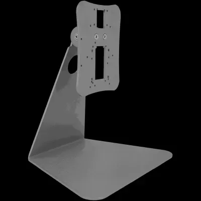 Suporte de metal cinzento com base e placa ajustável para fixação.