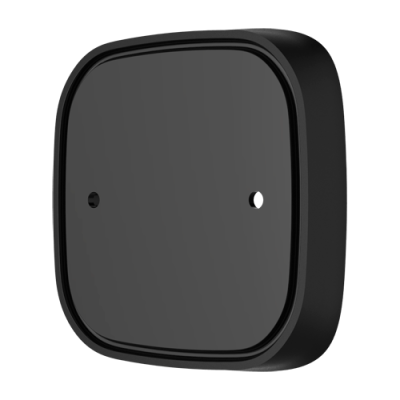 Caixa preta quadrada com bordas arredondadas e dois orifícios frontais