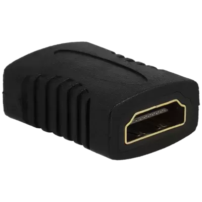 Adaptador HDMI fêmea preto com detalhes dourados e textura em sulcos