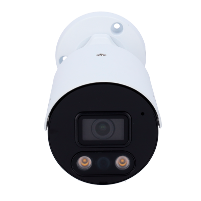 Câmara de segurança branca com lente preta e LEDs amarelos.