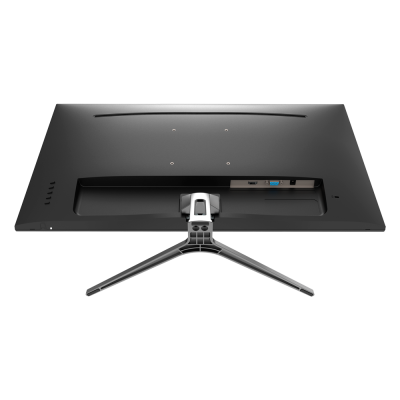 Monitor preto visto de trás com base metálica em três pernas