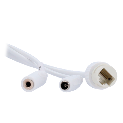 Cabo branco com ficha RJ45 e conectores DC macho e fêmea