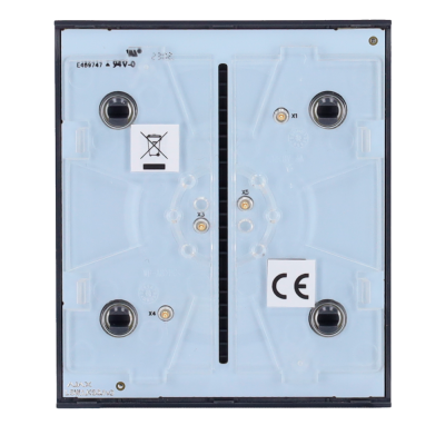 Base quadrada preta com placa azul transparente e etiquetas CE e símbolo de lixo proibido