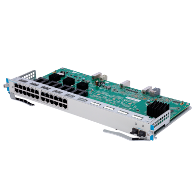 Placa eletrónica verde com conectores RJ45 e dissipadores pretos