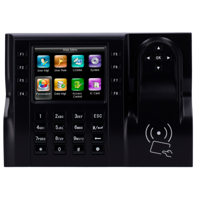 Aparelho de controlo de acesso preto com ecrã a cores e teclado numérico
