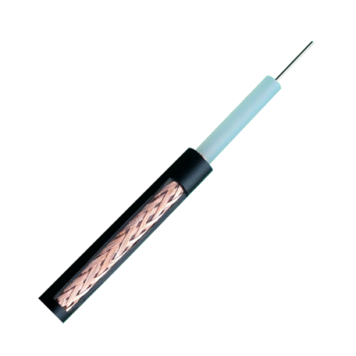 Cabo coaxial com condutor prateado, isolamento branco, blindagem em cobre e capa preta