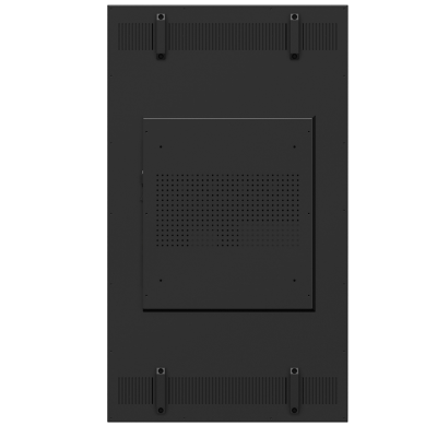 Painel traseiro preto de equipamento eletrónico com ventilações e suportes de montagem