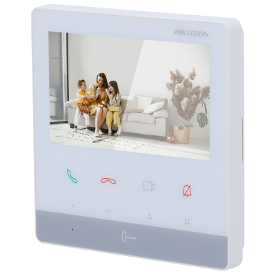 Intercomunicador branco HIKVISION com ecrã e botões coloridos