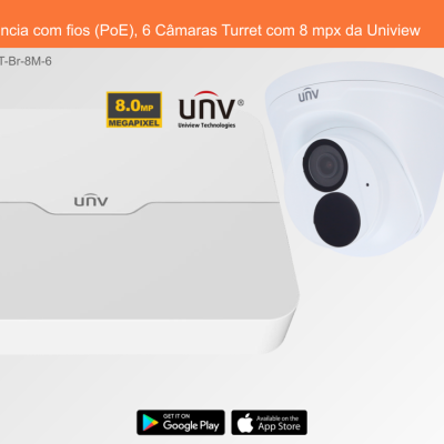 Sistema de videovigilância branco com câmeras Turret UNV e caixa com logotipo