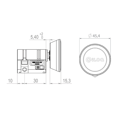 Desenho técnico de cilindro QILOA com medidas e texto patenteado