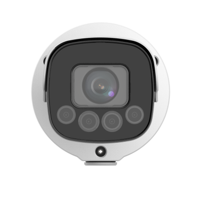 Câmara de vigilância redonda branca com lente e sensores pretos