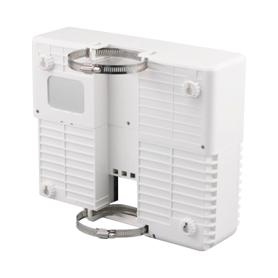 Suporte plástico branco com parafusos e abraçadeiras metálicas