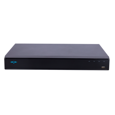 Aparelho eletrônico preto retangular com indicadores LED, porta USB e logótipo azul