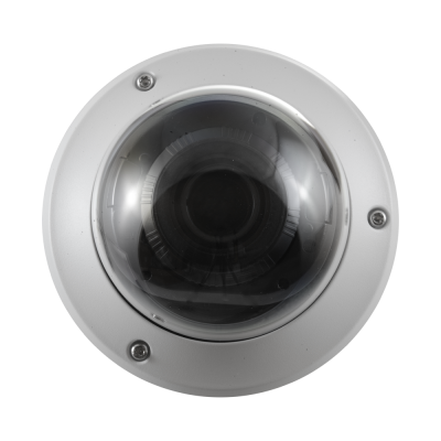 Câmara de segurança branca com lente protegida por cúpula transparente numa superfície