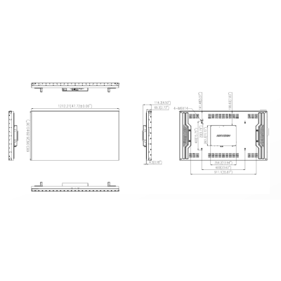 Desenho técnico de ecrã retangular com várias vistas e dimensões