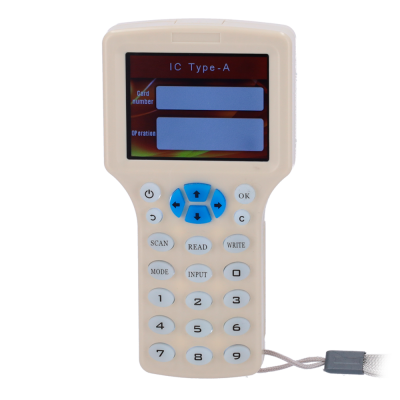 Dispositivo eletrónico branco com ecrã e botões numéricos e funcionais