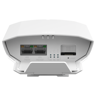 Equipamento de rede branco com portas Ethernet, slot para cartão SIM e LEDs de status 2G, 3G e 4G