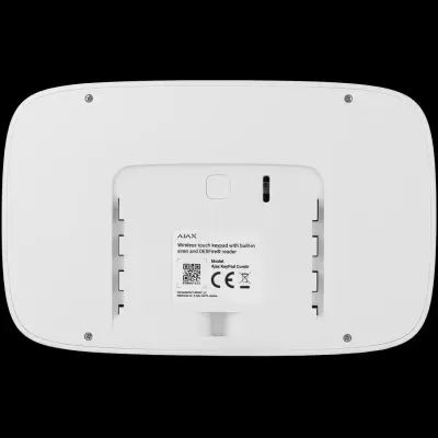 Vista traseira de teclado táctil sem fios branco com etiqueta e botões