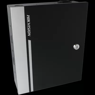 Caixa de metal preta e cinza com fechadura e texto HIKVISION